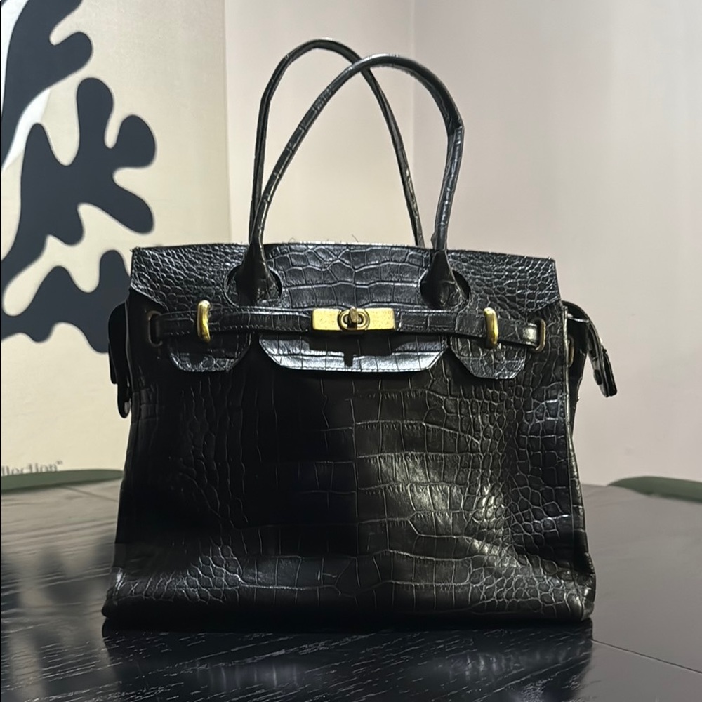 Black Crocodile-Embossed Satchel with Gold Hardware